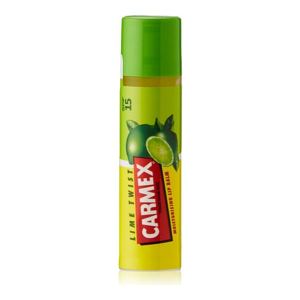 Stick balsamo labbra Carmex Lime Twist. Stick giallo-verde con tappo verde. Nome del prodotto e logo ben visibili.