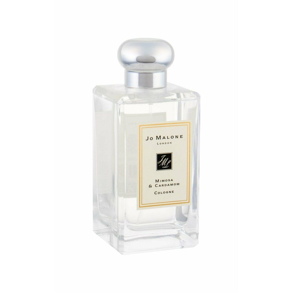 Flacone in vetro con tappo argentato. Scritta: Jo Malone London, Mimosa & Cardamom Cologne.
