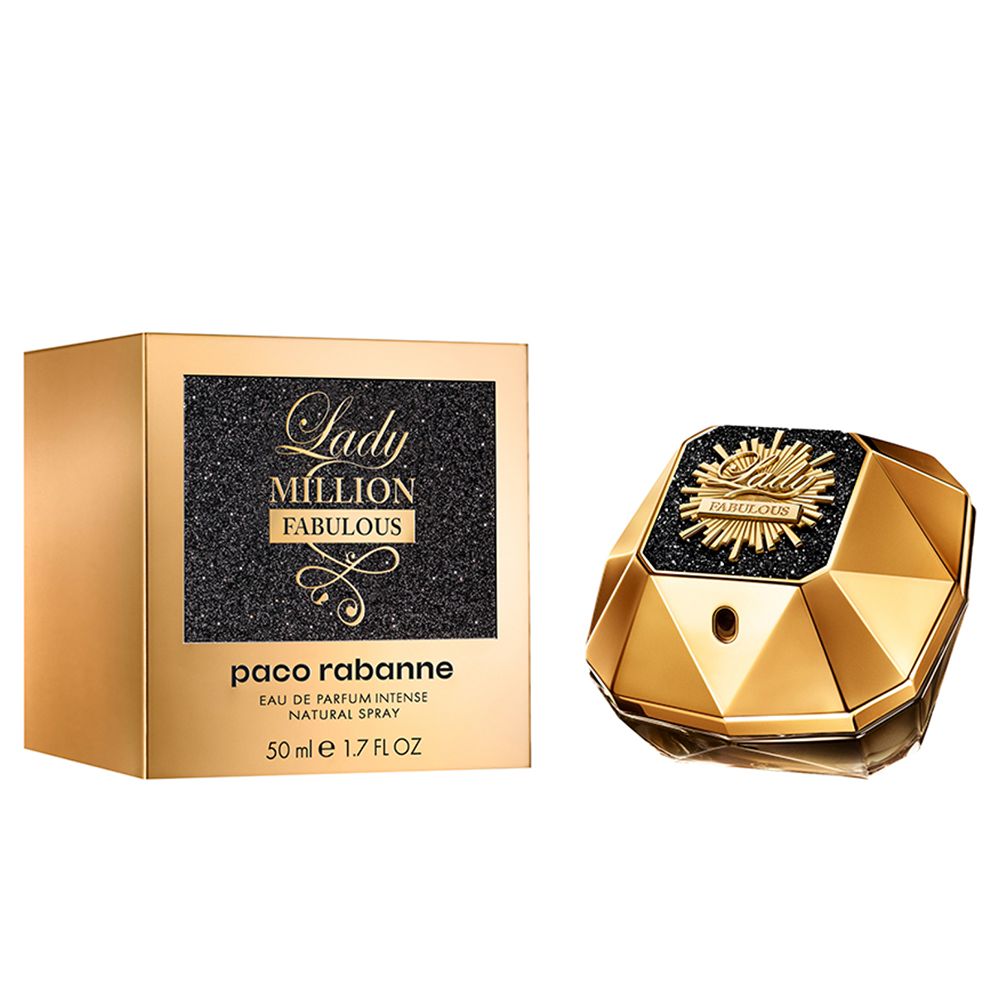 Flacone e scatola dorati. Scritta "Lady Million Fabulous". Coperchio nero.