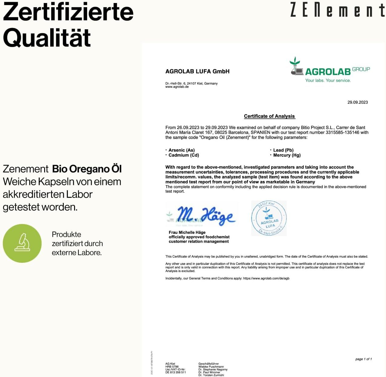 Documento di certificazione di AGROLAB LUFA GmbH. Testo: Zenement Bio Oregano Öl Capsule molli testate da laboratorio accreditato.