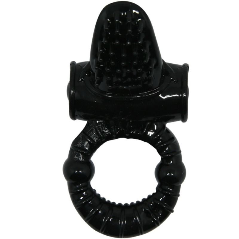 Anello penieno nero con stimolatore clitorideo. Base ad anello con dettagli. Stimolatore con punti in rilievo.