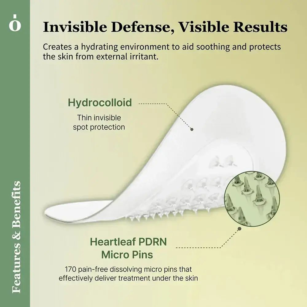 Grafica con design cerotto. Testo: Invisible Defense, Visible Results, Hydrocolloid, Heartleaf PDRN Micro Pins, 170 pin.