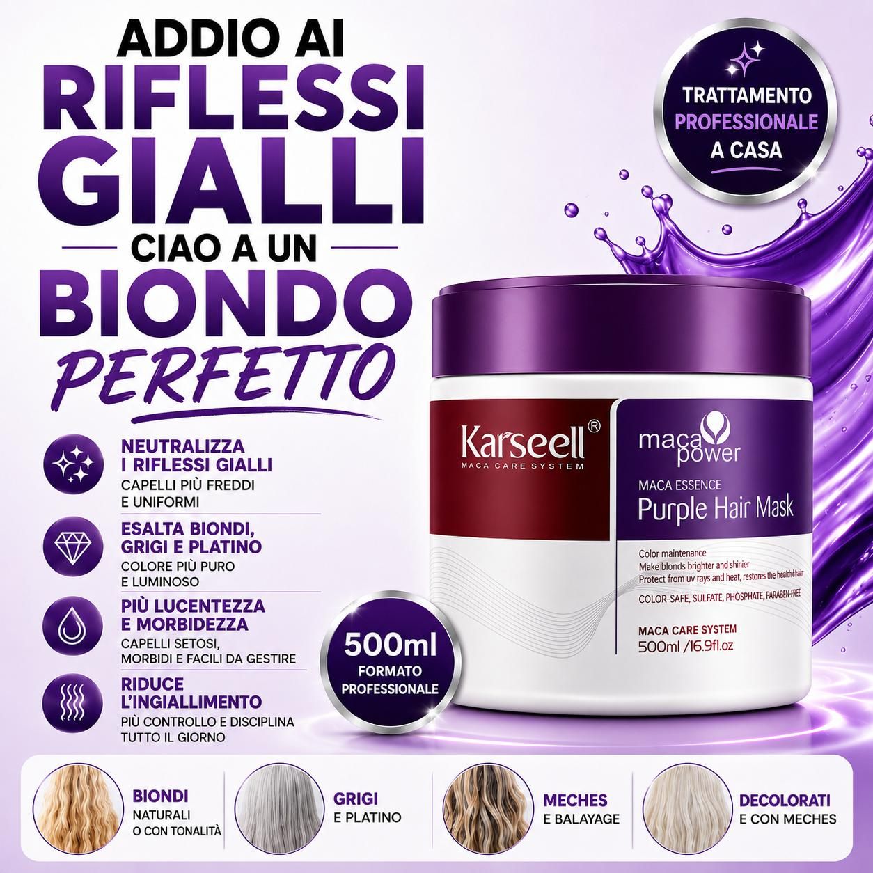 KARSEELL Maschera Capelli Viola Toner Biondi Platino Decolorati Grigi Bianchi Antigiallo