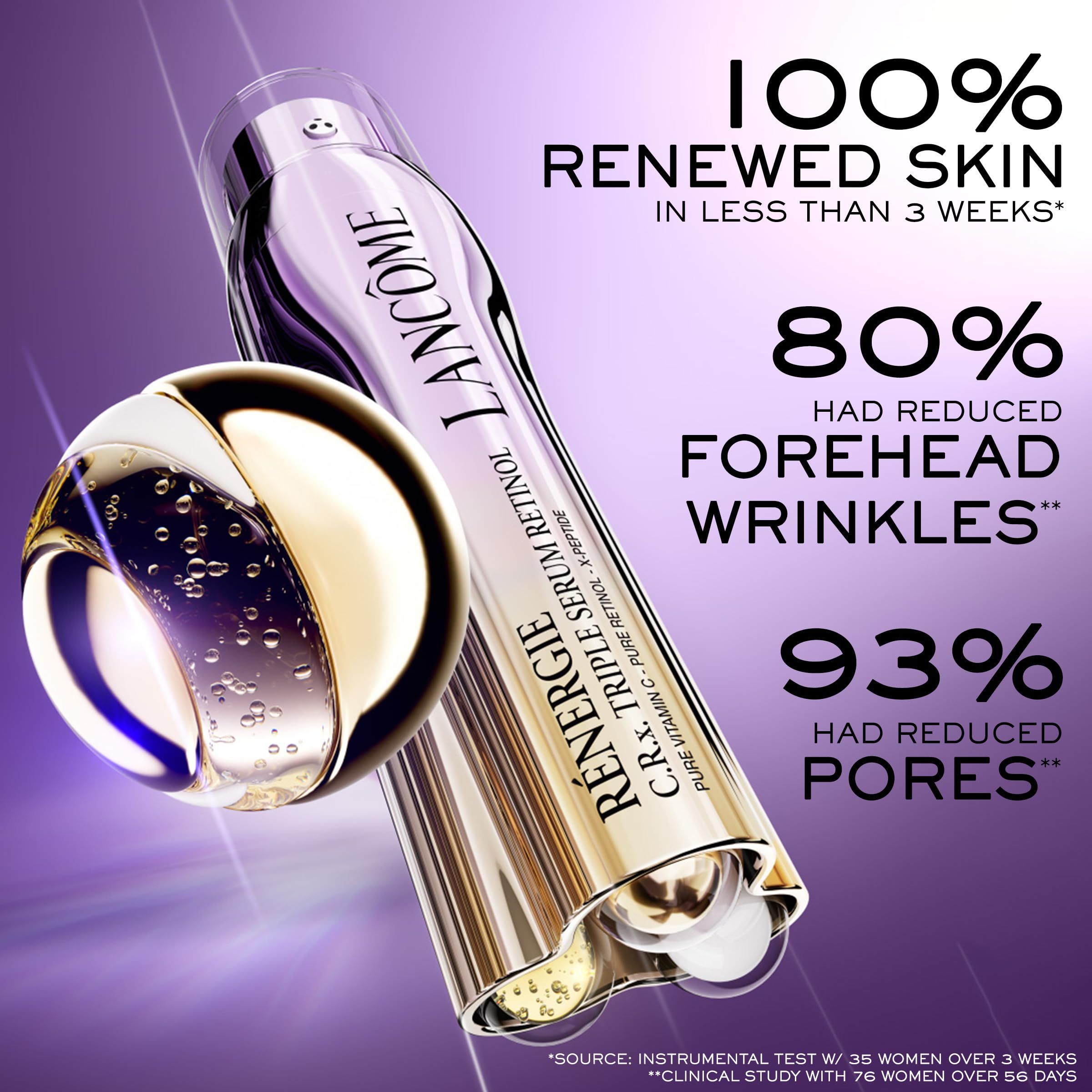 Prodotto con testo: 100% pelle rinnovata in meno di 3 settimane, 80% rughe fronte ridotte, 93% pori ridotti. Lancôme.