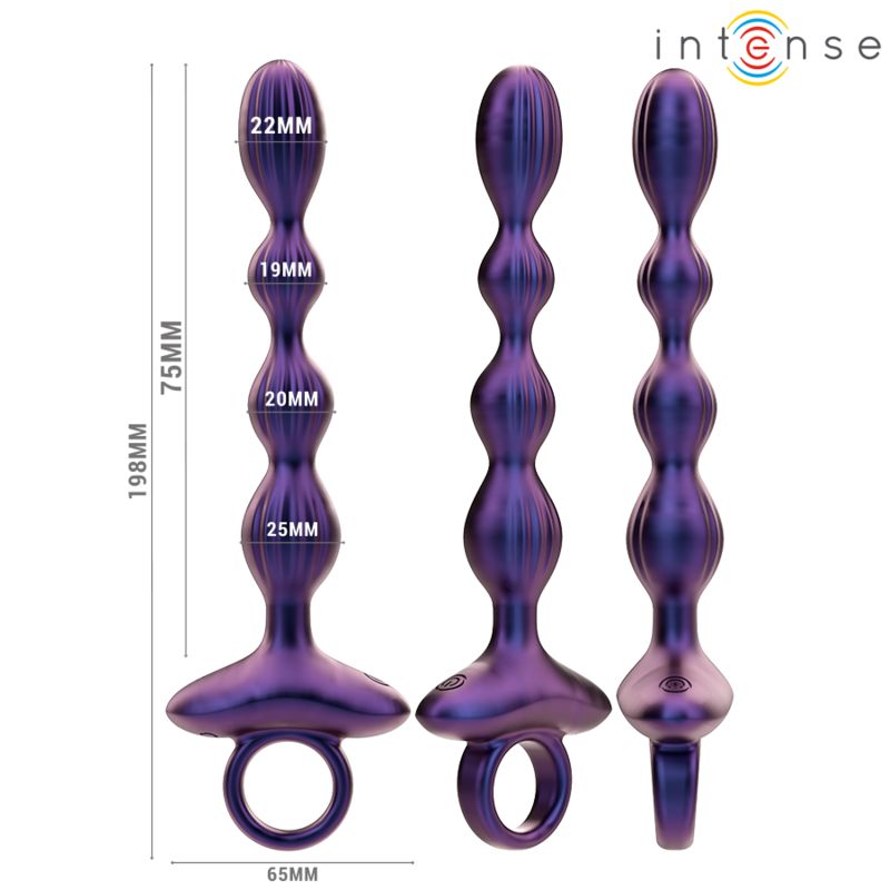 Plug anale viola con anello. Dimensioni: 198mm lungo, 65mm largo, diametri 22mm, 19mm, 20mm, 25mm. Marchio: Intense.