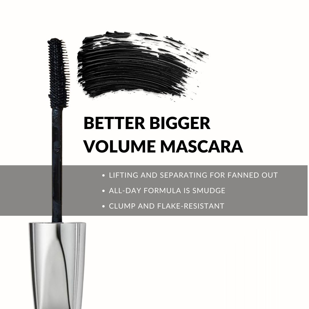 Applicatore di mascara con spazzola nera e striscia di colore. Testo: BETTER BIGGER VOLUME MASCARA.