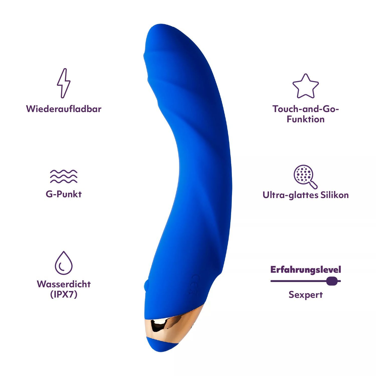 Vibratore blu con simboli: Ricaricabile, Punto G, Impermeabile (IPX7), Touch-and-Go, Silicone.