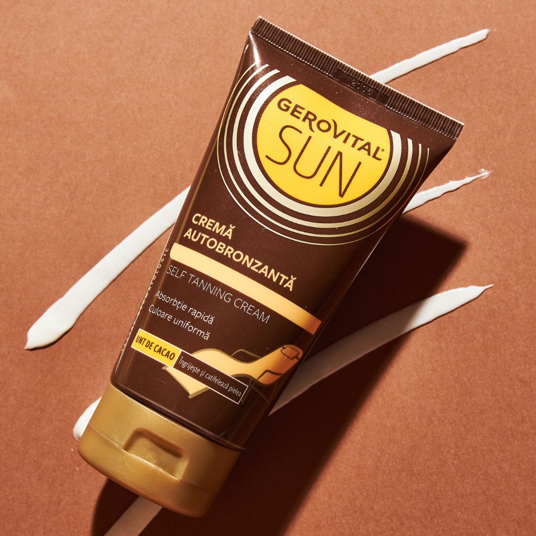 Tubo marrone con tappo dorato. Scritta: Gerovital Sun, Creme Autobronzanta, Self Tanning Cream. Strisce bianche.