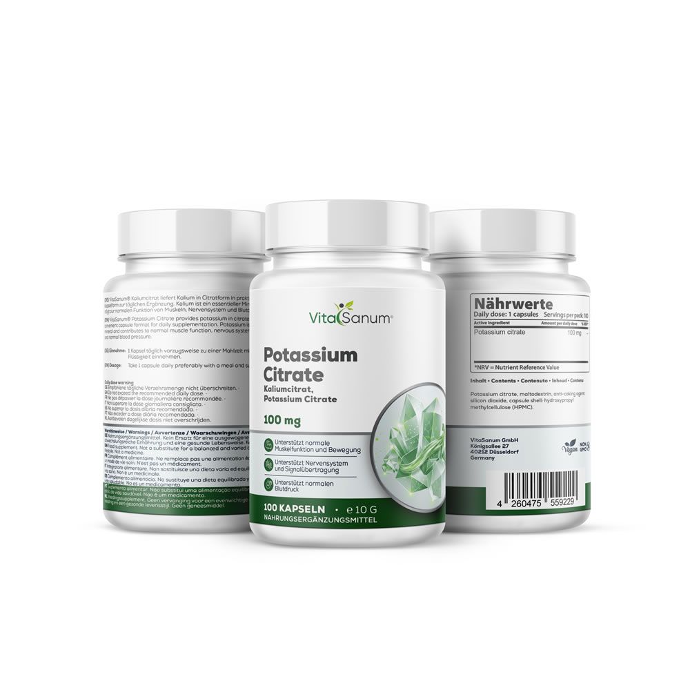 Tre flaconi bianchi VitaSanum Potassium Citrate. Scritta: 100 mg, 100 capsule, e 10 G. Immagine prodotto verde e bianco.
