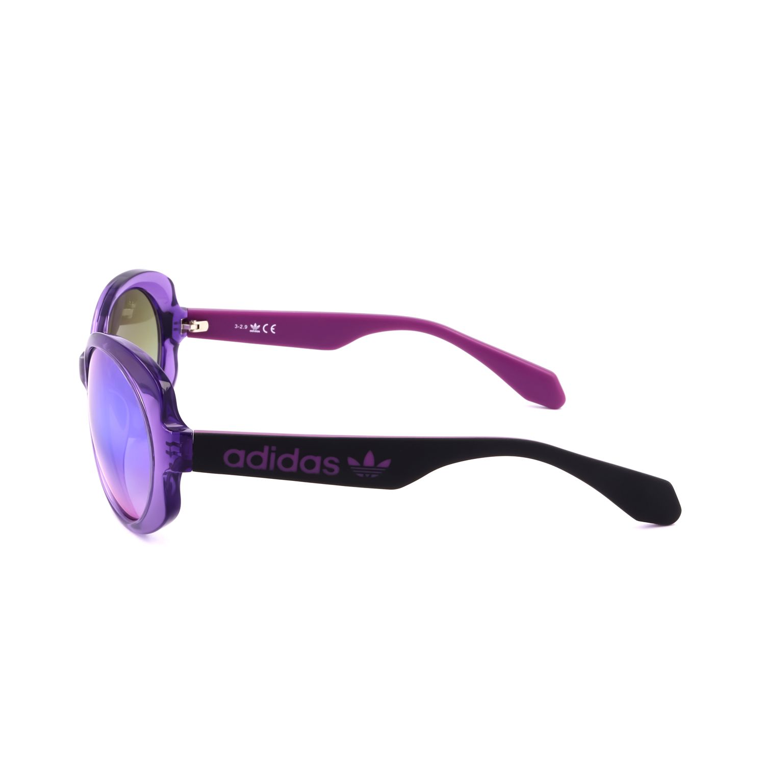 Occhiali da sole Adidas viola con aste nere e logo Adidas.