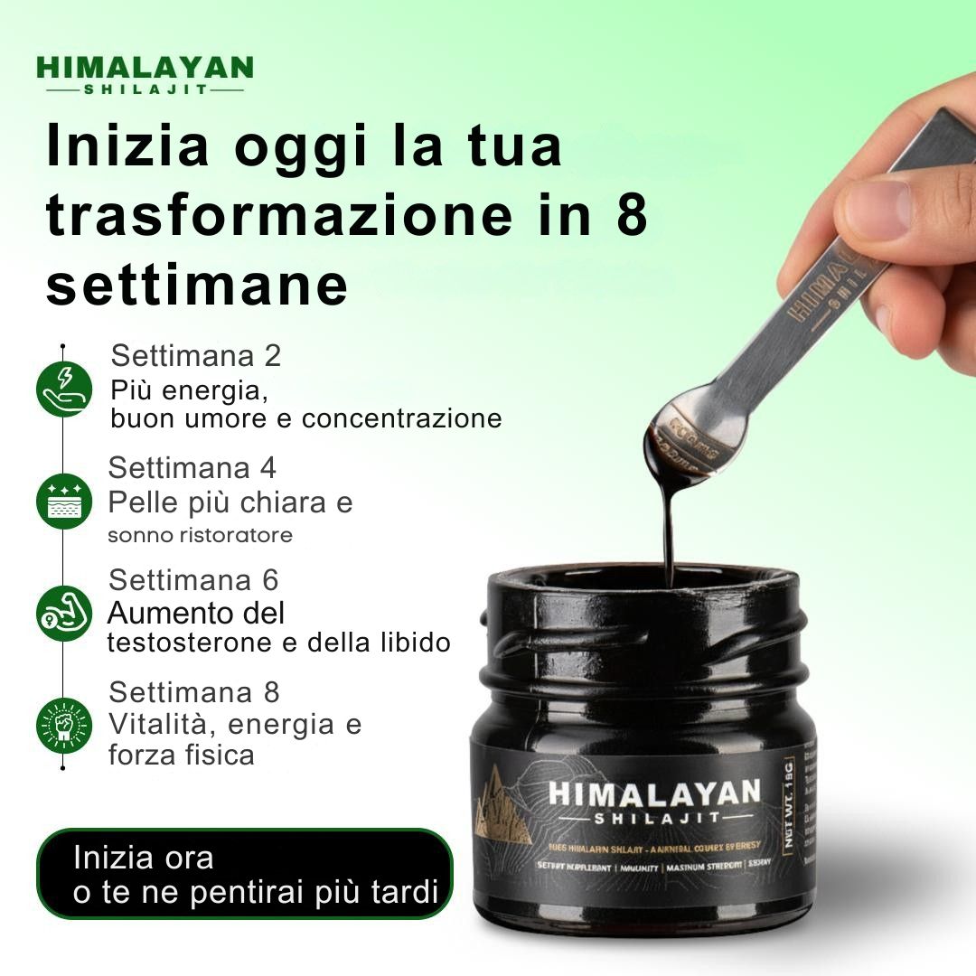 Vasetto di Shilajit e cucchiaio dosatore. Testo: Perché il 90% dei prodotti Shilajit fallisce. Confronto con un altro prodotto.