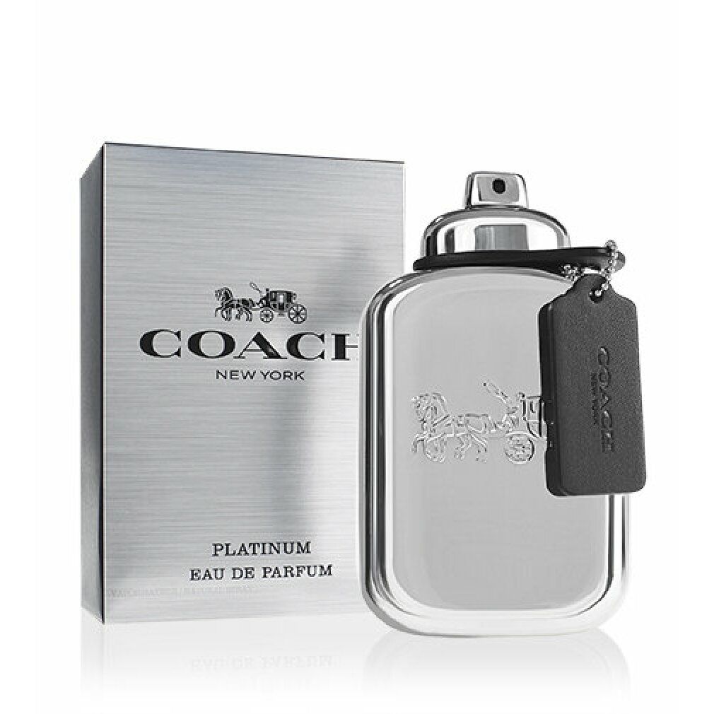 Flacone e scatola argentati. Sulla scatola è scritto "COACH NEW YORK PLATINUM EAU DE PARFUM". Sul flacone è presente un logo di carrozza.