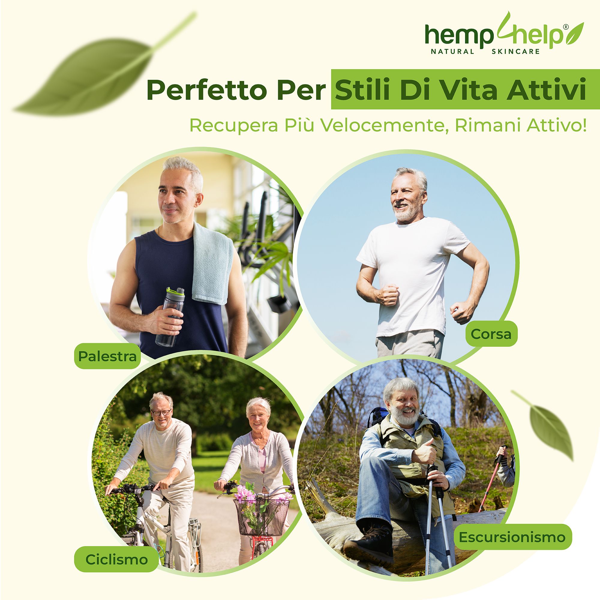 Uomini e donne in varie attività. Testo: Per stili di vita attivi. Palestra, Corsa, Ciclismo, Escursionismo. Logo: hemp4help.