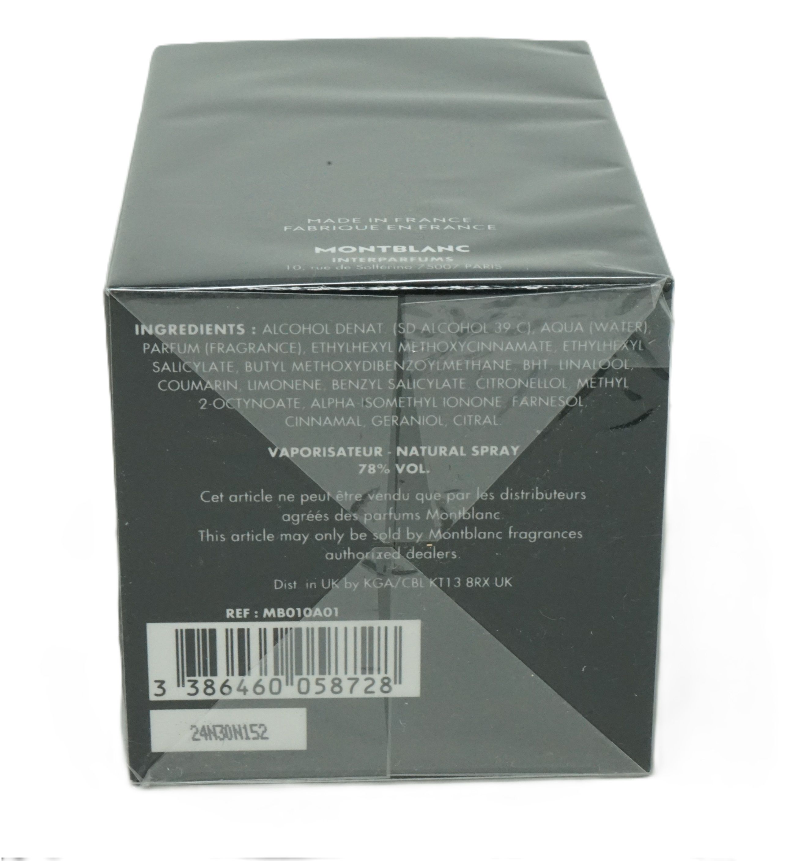 Scatola nera con testo. Contiene ingredienti, Natural Spray, 78% Vol. e codice a barre. Marchio Montblanc.