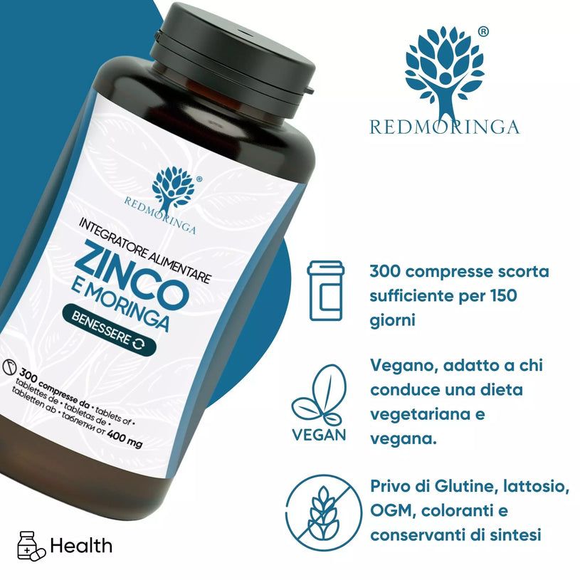Flacone ZINCO E MORINGA. Testo: 300 Compresse. Logo vegan. Testo: Vegan, senza glutine, lattosio, OGM. Logo: albero con foglie.