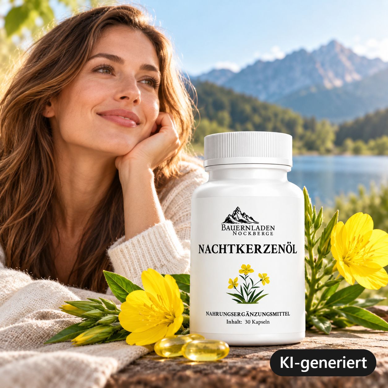 Donna con flacone di olio di enotera, fiori e lago di montagna sullo sfondo.