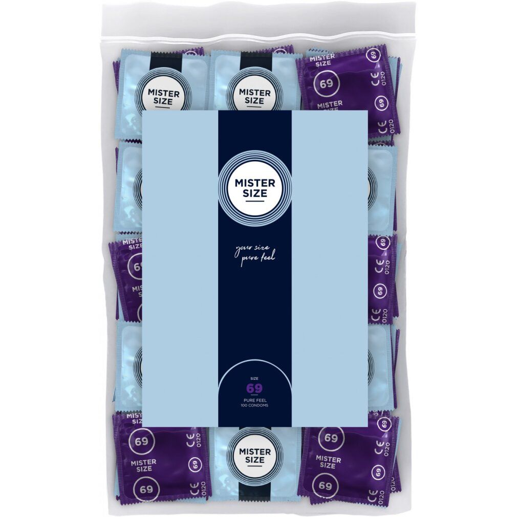 Confezione di preservativi. Visibile: Mister Size, 69. Preservativi confezionati singolarmente in pellicola, in un sacchetto trasparente.