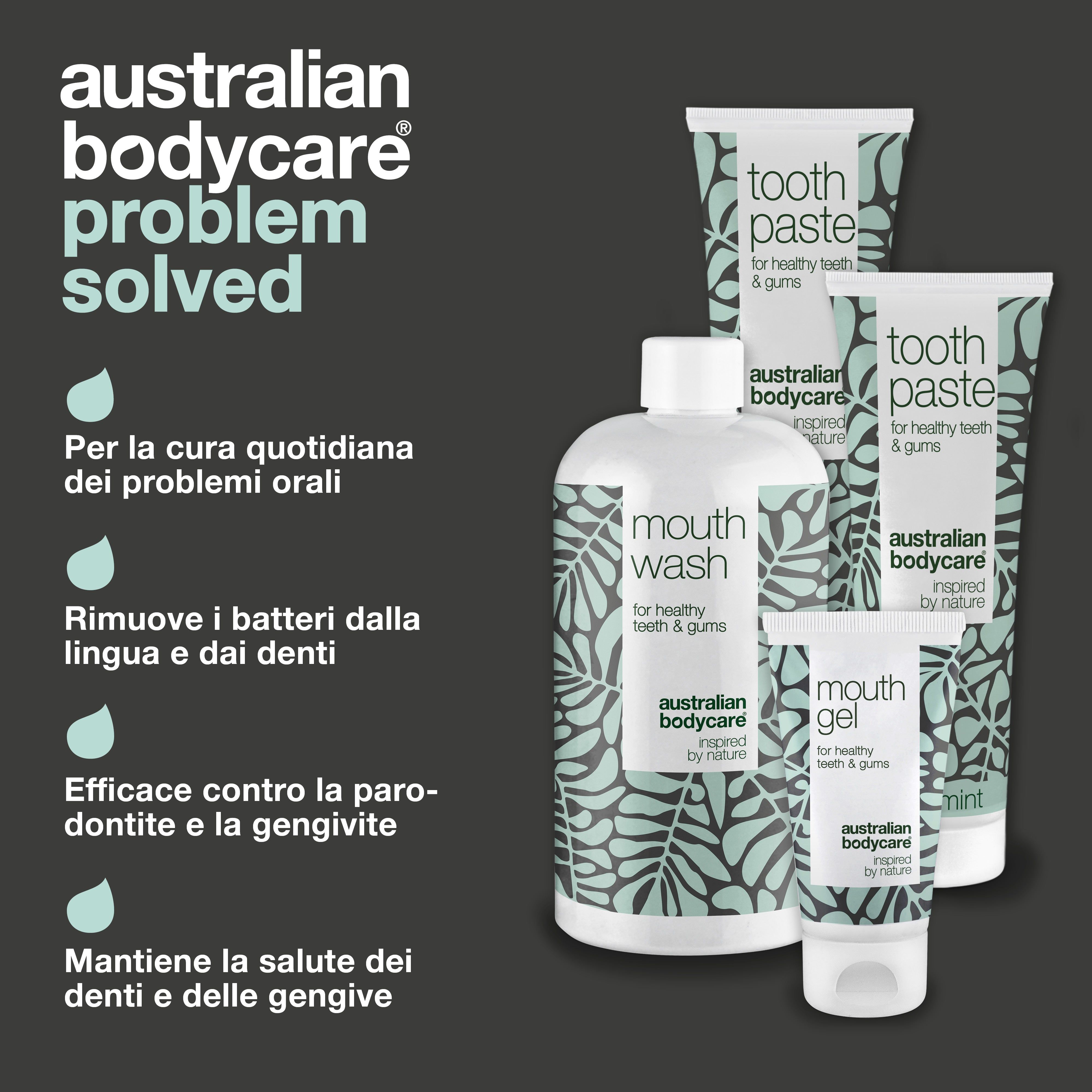 Prodotti per l'igiene orale Australian Bodycare. Testo: Per la cura quotidiana dei problemi orali. Rimuove i batteri.
