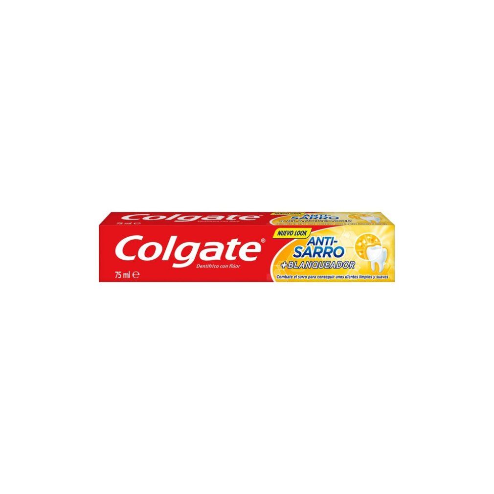 Tubo di dentifricio rosso Colgate, testo: Anti-Sarro + Blanqueadores. 75 ml.