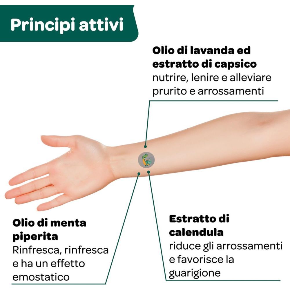Bambino con cerotto sul braccio. Confezione di cerotti Recotin accanto. Dermatologicamente testato. Testo: Rispetto della pelle.