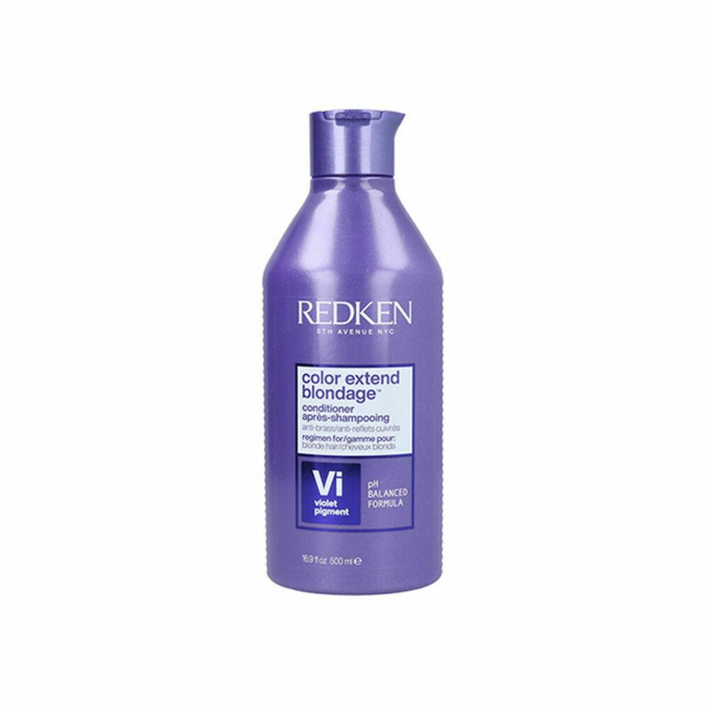 Balsamo Redken Color Extend Blondage viola. Bottiglia con informazioni sul prodotto. Formula pH bilanciato.