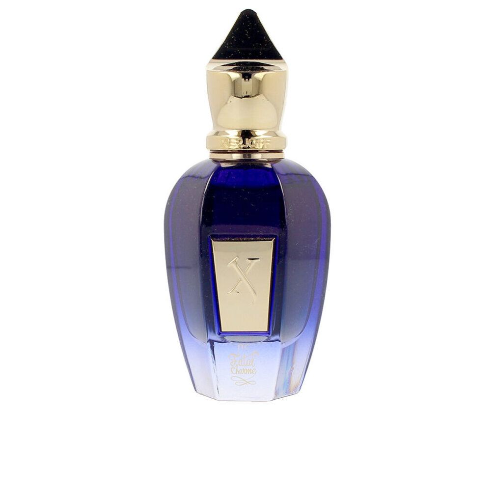 Flacone di profumo blu con tappo dorato. Scritte dorate: XERJOFF. Il flacone ha una placca dorata.