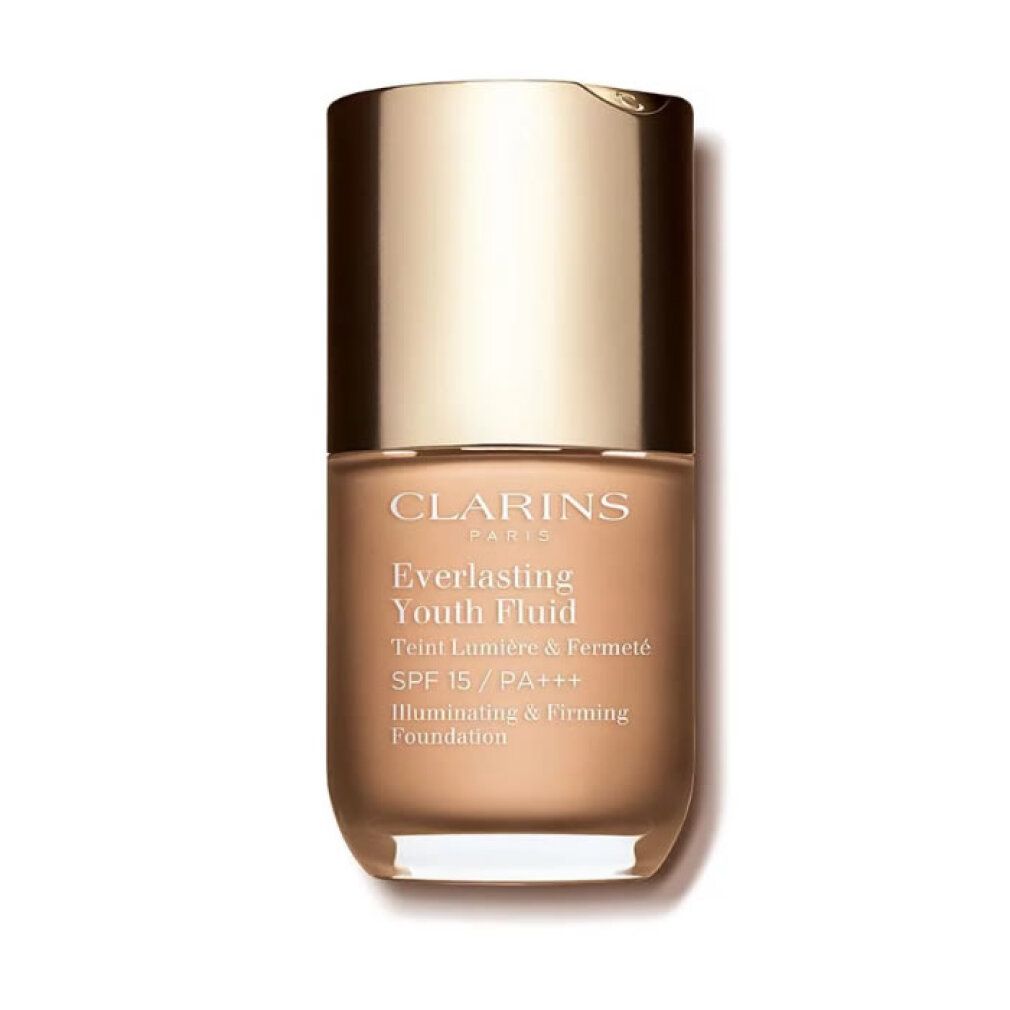 Clarins Everlasting Youth Fluid SPF 15. Flacone con tappo dorato e contenuto beige. Testo: Teint Lumière & Fermeté.