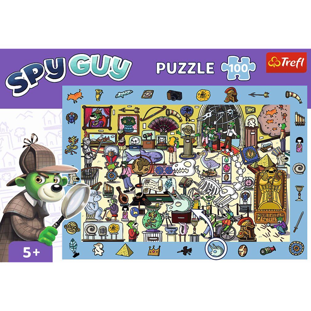 Scatola puzzle Spy Guy. Scritta: Spy Guy, Puzzle, 100 pezzi, Trefl. Illustrazione di un museo con personaggi e oggetti.