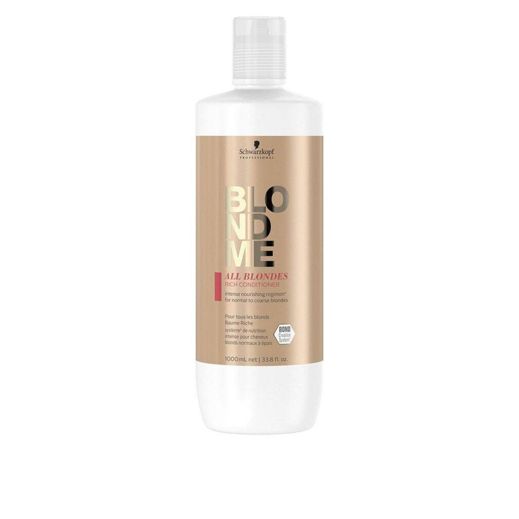 Flacone bianco con etichetta marrone. Scritta: BLONDME ALL BLONDES RICH CONDITIONER. Logo Schwarzkopf. Flacone con tappo a vite.