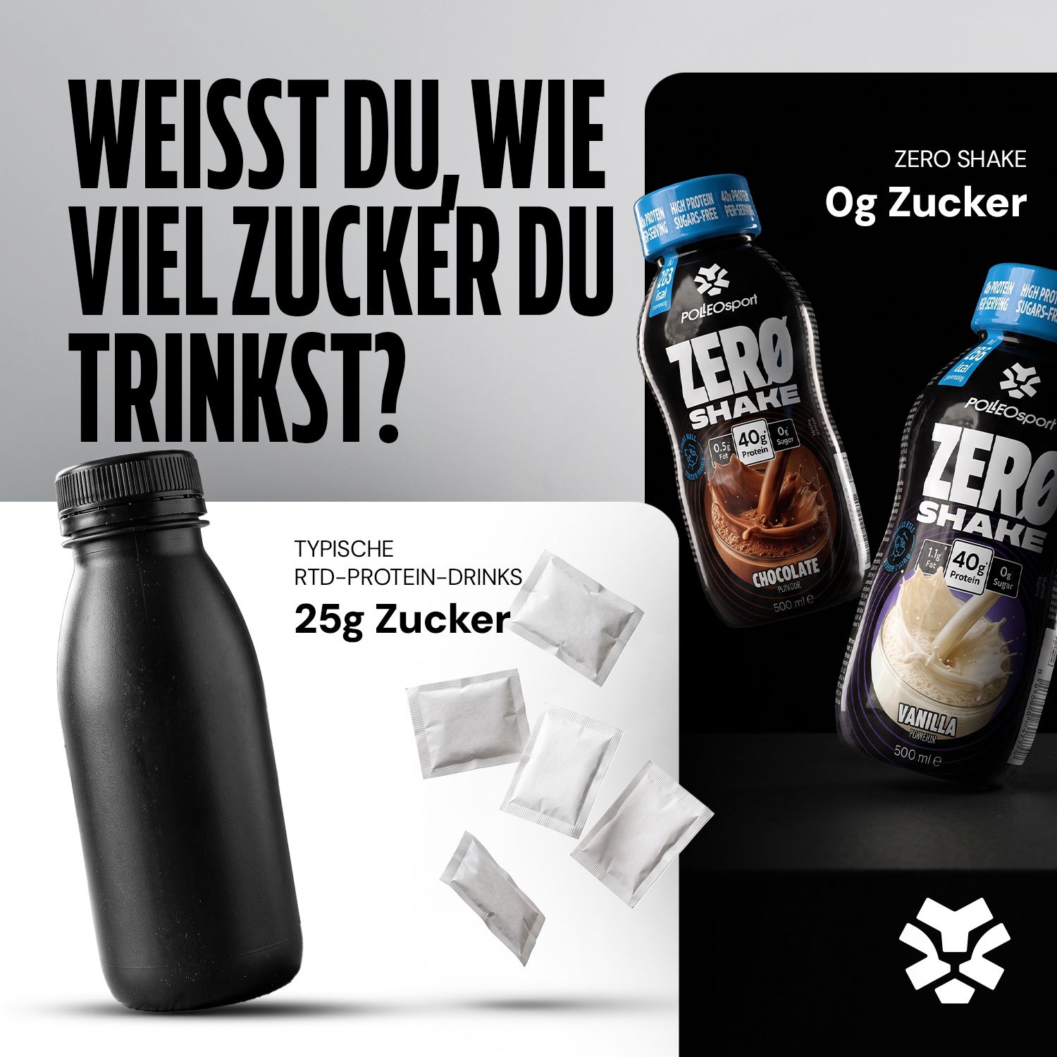 Due bottiglie Zero Shake: cioccolato e vaniglia. Accanto, una bottiglia nera e bustine di zucchero.