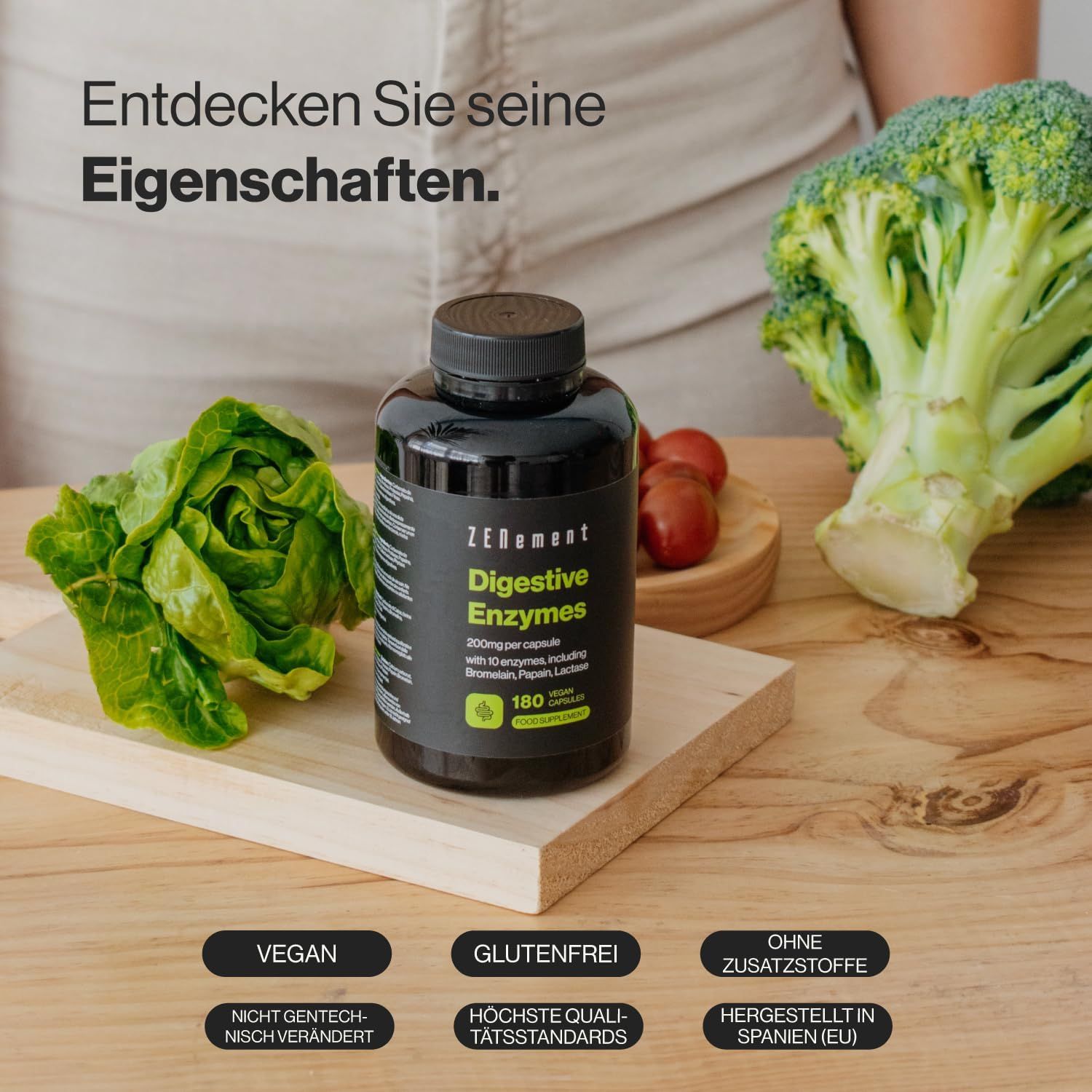 Flacone nero con etichetta verde. Testo: Digestive Enzymes, 180 capsule. Vegano, senza glutine, senza additivi.