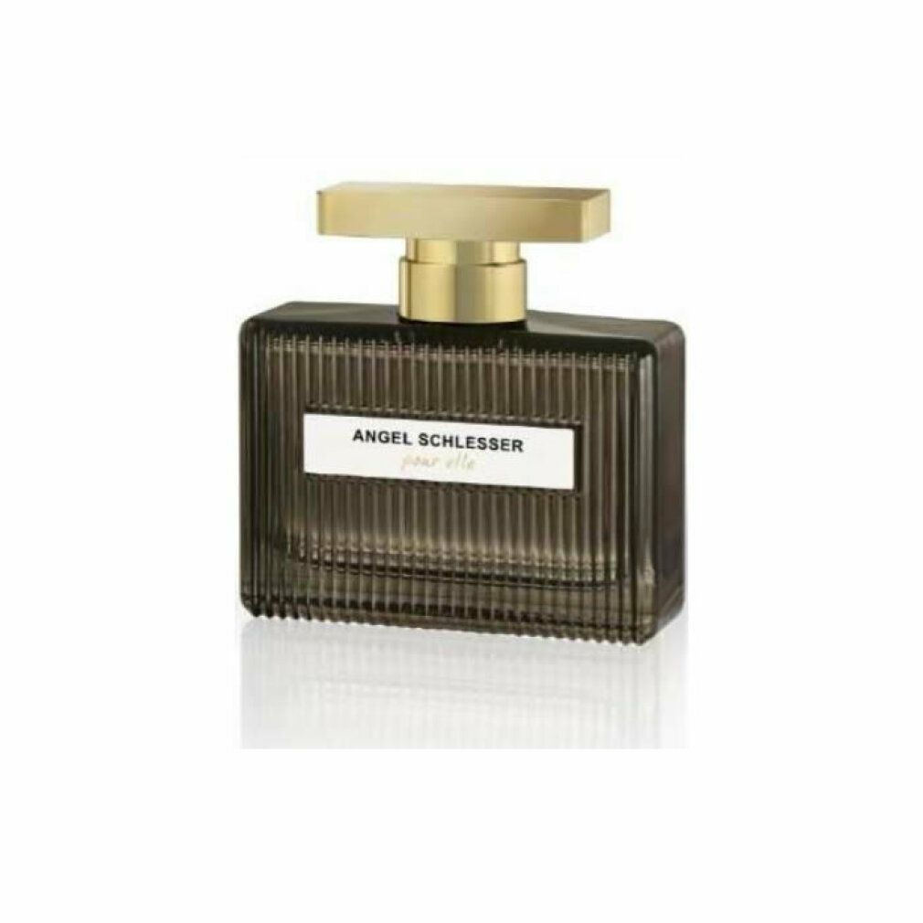 Flacone di profumo rettangolare con tappo dorato. Scritta: Angel Schlesser pour elle.