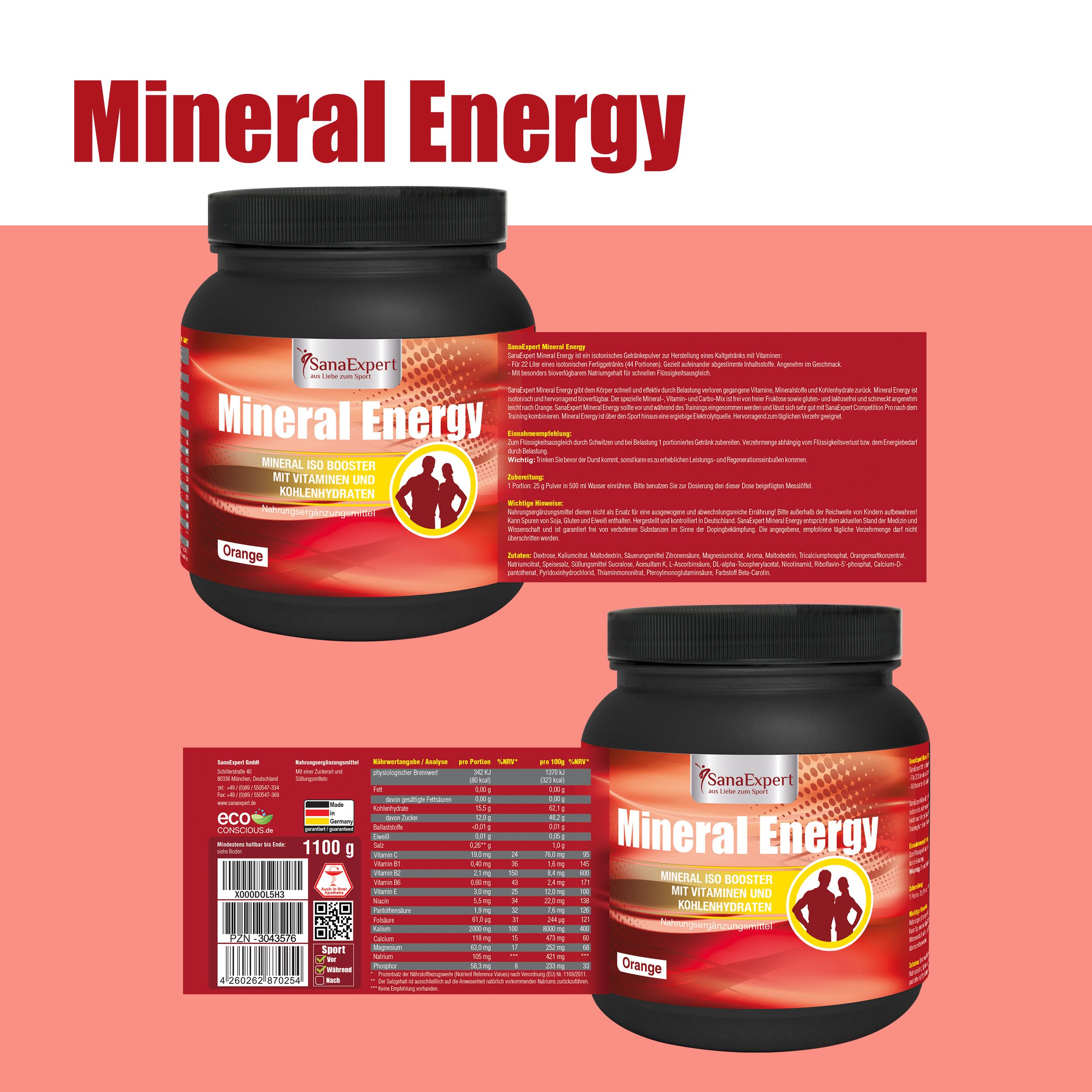 Due contenitori SanaExpert Mineral Energy. Contenitori neri con etichette arancioni. Nome del prodotto e dettagli visibili.