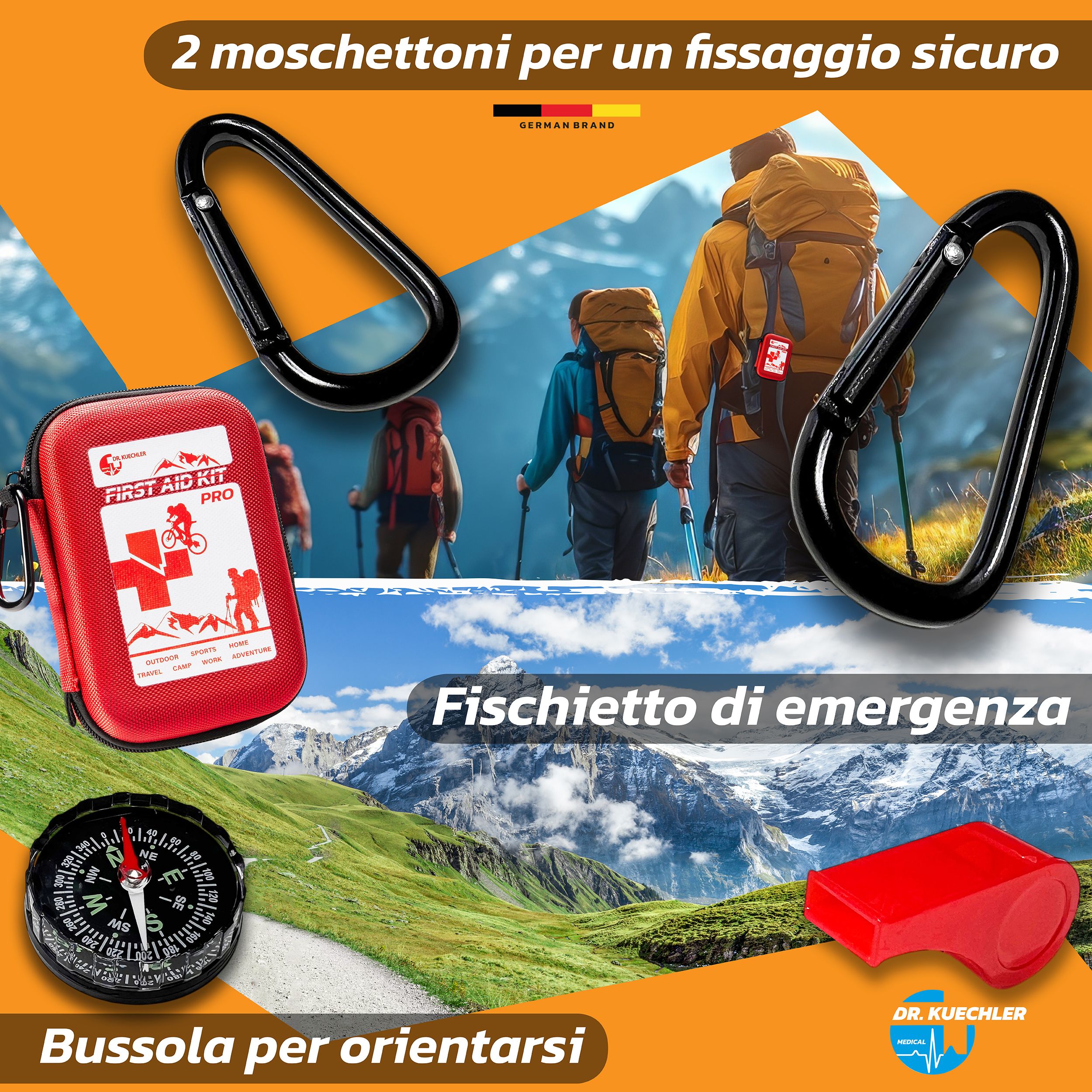 Due moschettoni neri, kit di pronto soccorso rosso PRO, bussola e fischietto. Sfondo: paesaggio montano.