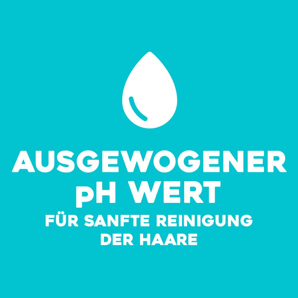 Sfondo turchese con simbolo a goccia e testo: "AUSGEWOGENER pH WERT FÜR SANFTE REINIGUNG DER HAARE".