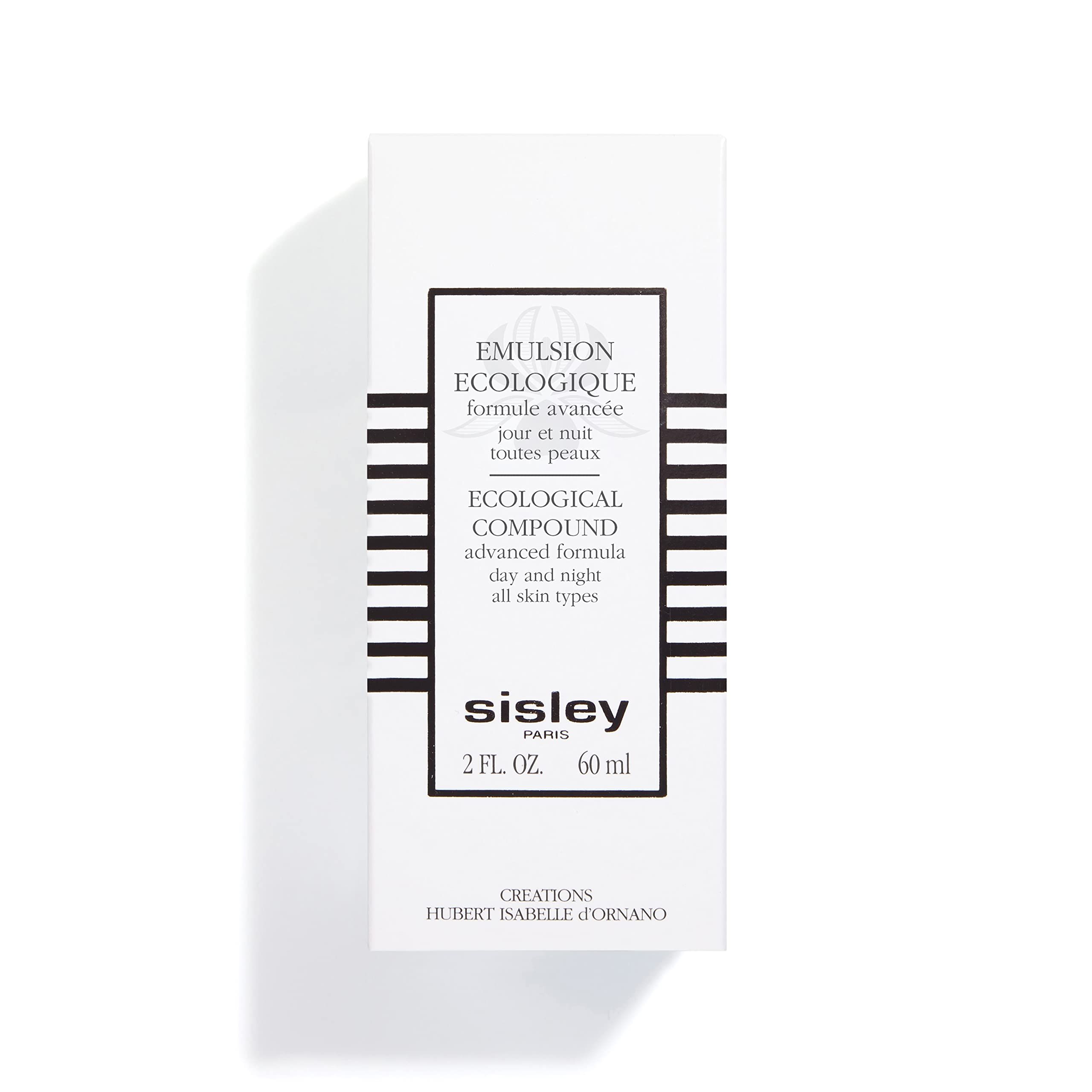 Confezione bianca, testo nero. Scritta: EMULSION ECOLOGIQUE, ECOLOGICAL COMPOUND, 2 FL. OZ. 60 ml, Sisley.
