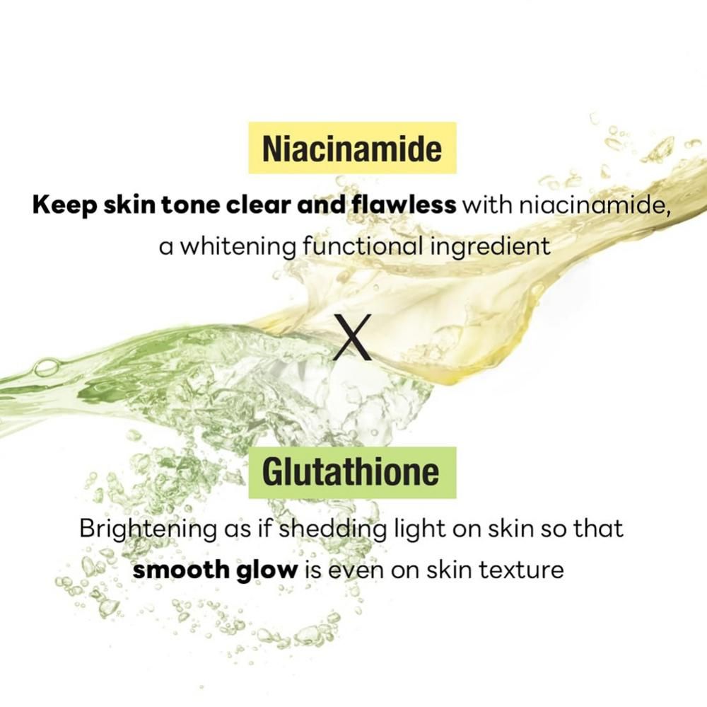 Testo con gli ingredienti Niacinamide e Glutatione. Descrive l'effetto sulla pelle.