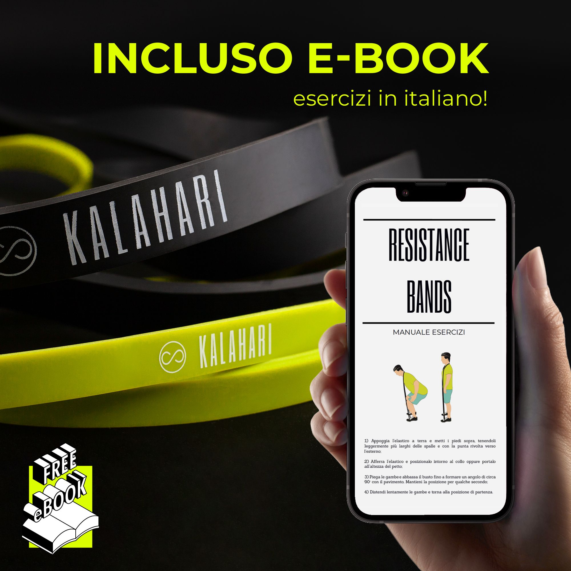 Elastici neri e verde neon con logo "KALAHARI" e smartphone con e-book.
