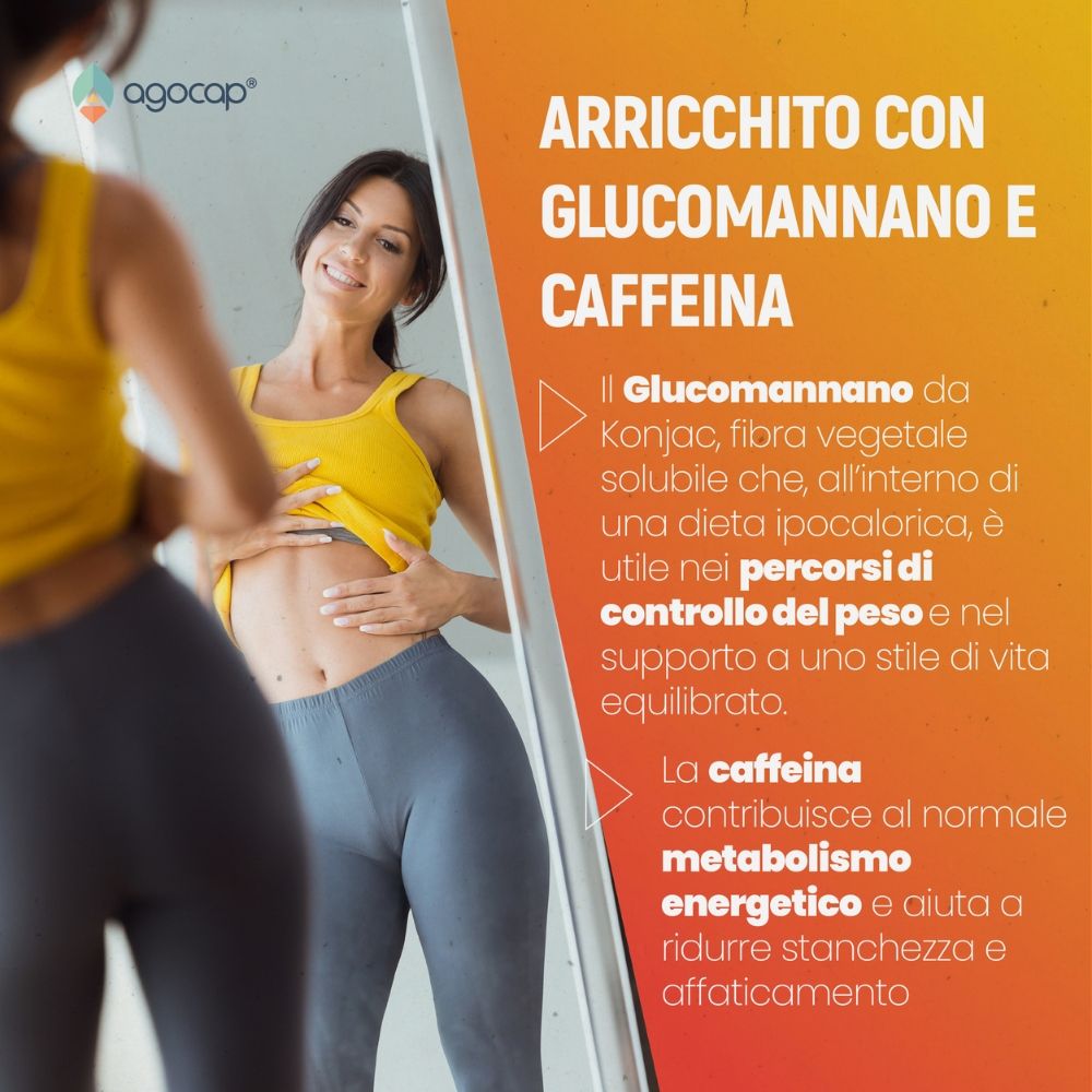 Donna allo specchio. Testo: Arricchito con glucomannano e caffeina. Glucomannano per controllo peso. Caffeina per metabolismo energetico.