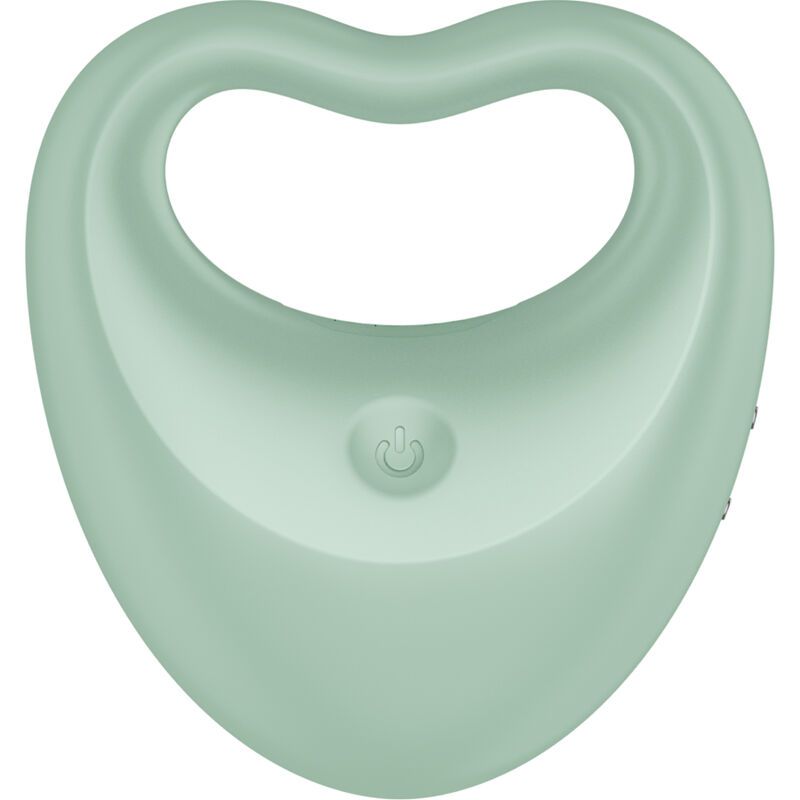 Anello per pene verde a forma di cuore con logo e contatti di ricarica laterali.