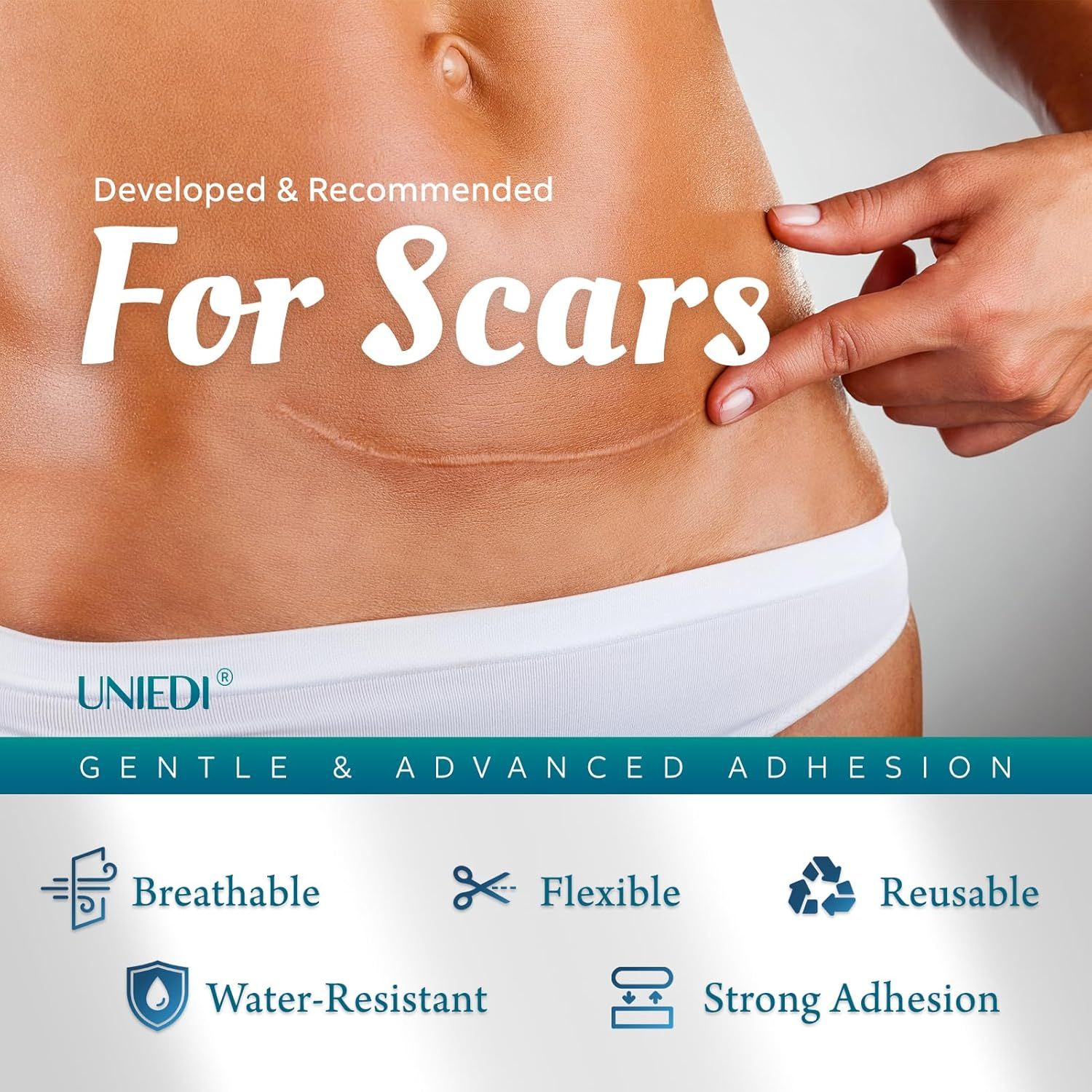 UNIEDI per cicatrici. Aderenza delicata e avanzata. Traspirante, flessibile, riutilizzabile, resistente all'acqua, forte adesione. Per cicatrici.