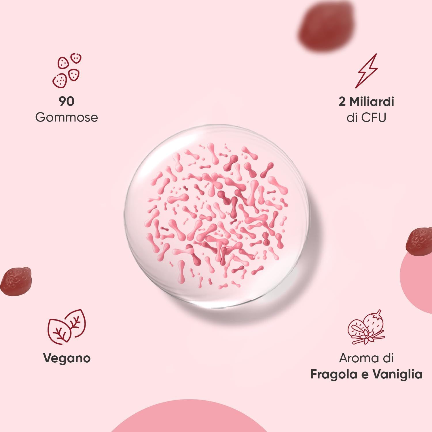 90 caramelle gommose. 2 miliardi di UFC. Vegano. Aroma fragola e vaniglia. Caramelle gommose in una bolla di vetro.