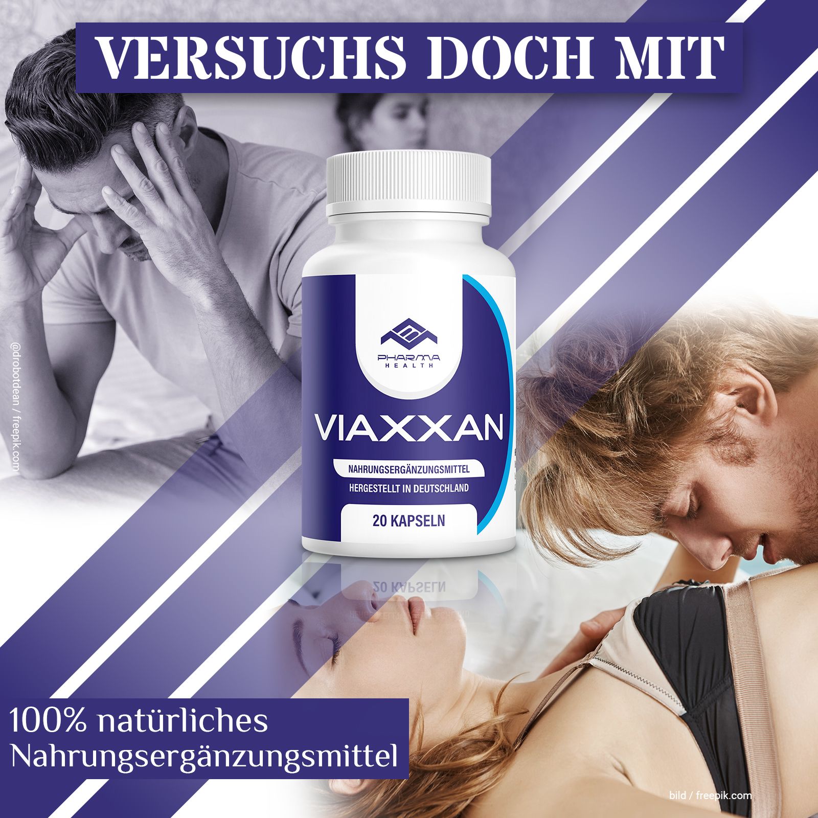 Flacone Viaxxan, Pharma Health, 20 capsule. Testo: integratore alimentare naturale al 100%. Sfondo: coppie in situazioni intime.