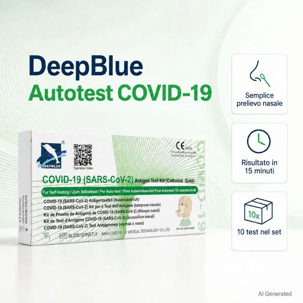Autotest COVID-19 DeepBlue, 10 test nel set. Prelievo nasale semplice, risultato in 15 min.
