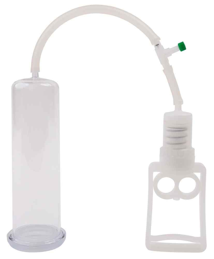 Cilindro trasparente con dispositivo bianco, tubo e valvola verde. Per uso intimo.