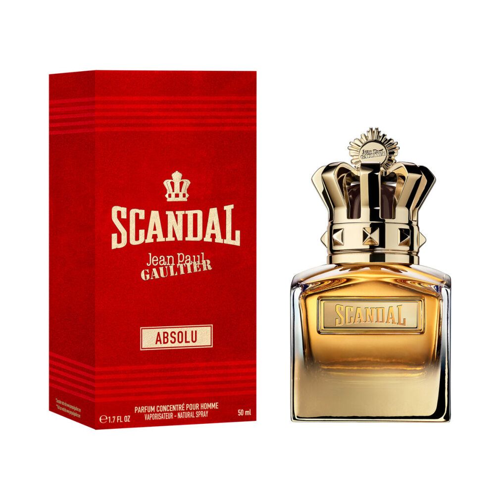 Flacone di profumo con corona dorata e scatola rossa. Scritto: Scandal Absolu. 50 ml.