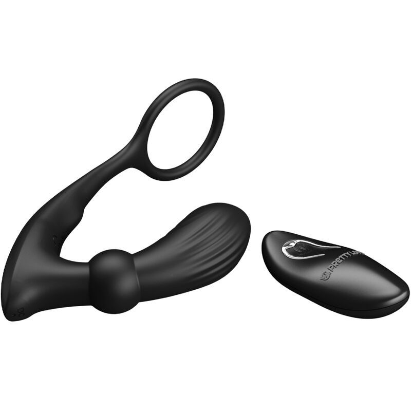 Vibratore ad anello anale nero, vista laterale, con estremità scanalata e stelo arrotondato.
