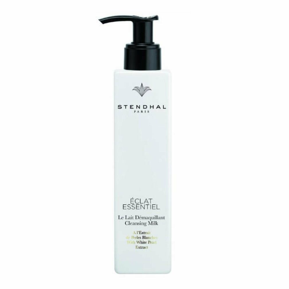 Flacone bianco con dosatore nero. Scritta: Stendhal Paris, Éclat Essentiel, Le Lait Demaquillant Cleansing Milk.