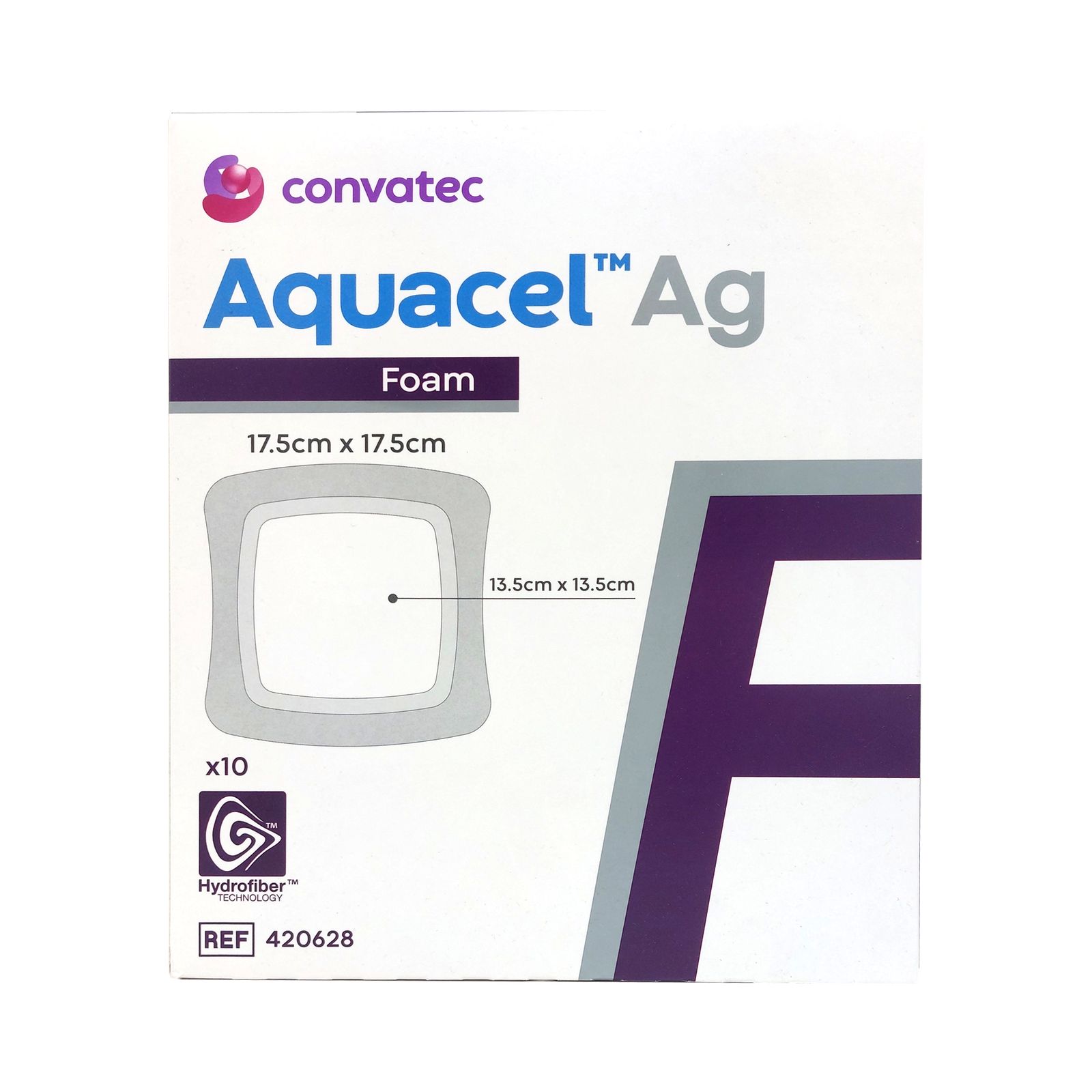 Confezione con prodotto Aquacel Ag Foam. Dimensioni 17,5 x 17,5 cm. Dieci pezzi. Logo Hydrofiber. Numero di riferimento 420628.