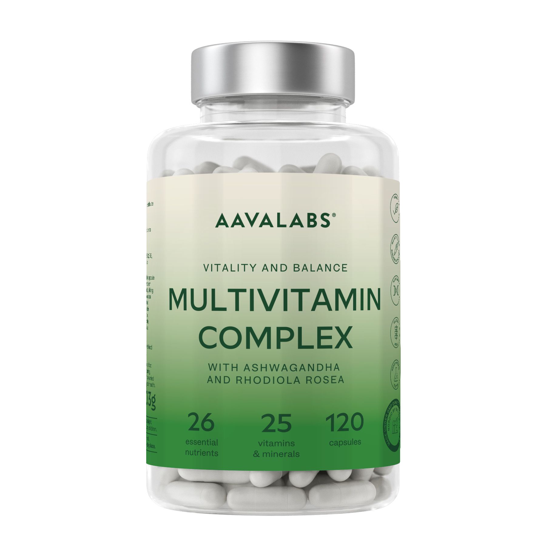 Flacone trasparente con capsule. Scritta: AAVALABS Multivitamin Komplex, 120 capsule, 25 vitamine e minerali.